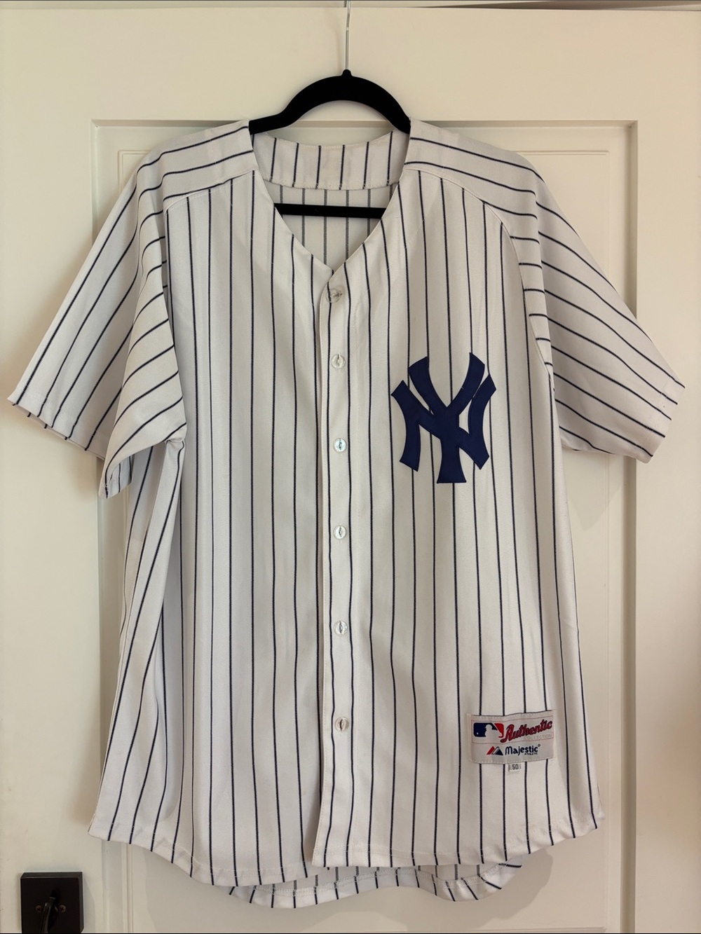 Majestic New York Yankees White Navy Pinstripe Baseball Jersey Captain Shirt
